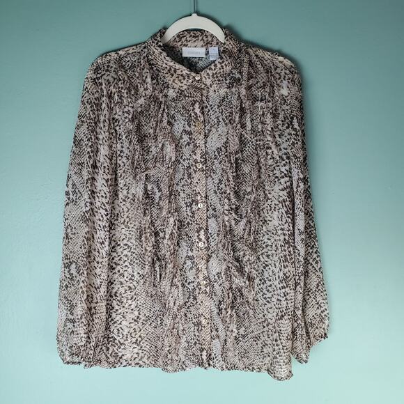 Chicos Womens Sheer Snake Animal Print Fringe Button Up Blouse Size 1 Medium - Picture 1 of 5